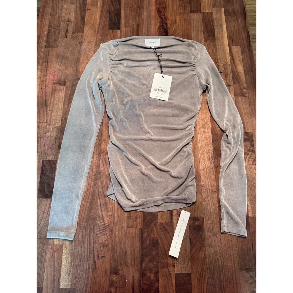 Reformation Berlin Knit Top Grey Metallic Ruched Long Sleeve Boat Neck XS NEW